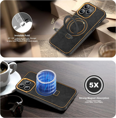 for iPhone 13/14 Case with Magnetic Invisible Ring Stand Leather Business Phone Case Compatible with Magsafe Shockproof Protection Classic Luxury ...