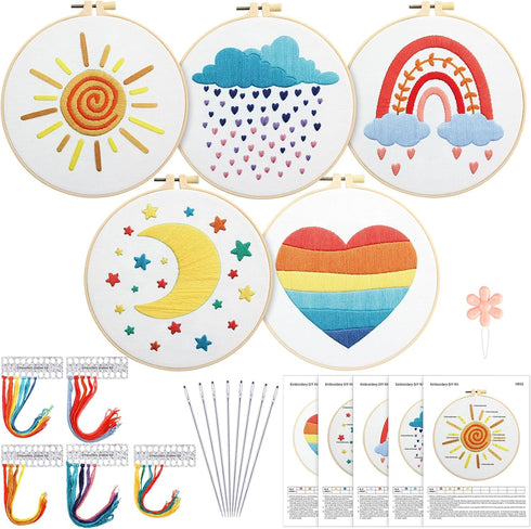 5 Set Embroidery Kit for Beginners Boho Rainbow Cross Stitch with Patterns Embroidery Hoops Instructions Embroidery Floss Needlepoint Kits DIY Adu...