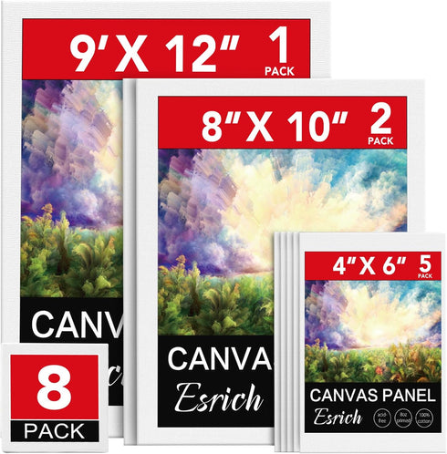 ESRICH Canvases for Painting 8Pack Painting Canvas with 9x12,8x10,4x6,Canvas Panels for Oil Paint,Watercolor,Acrylic Paint,Gouache and Tempera....