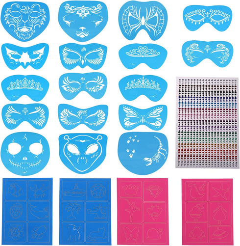 22 Pcs Face Paint Stencils Kit - 17 Reusable Face Painting Stencils with 4 Stickers and 900 Body Gems, Bat & Butterfly Designs for Halloween Parti...