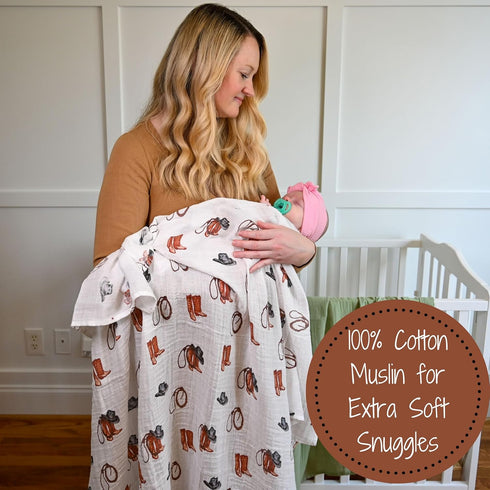 Swaddle Blanket | 100% Muslin Cotton | Gender Neutral Newborn and Baby Nursery Essentials for Girls and Boys, Registry | Cowboy Boot Print...