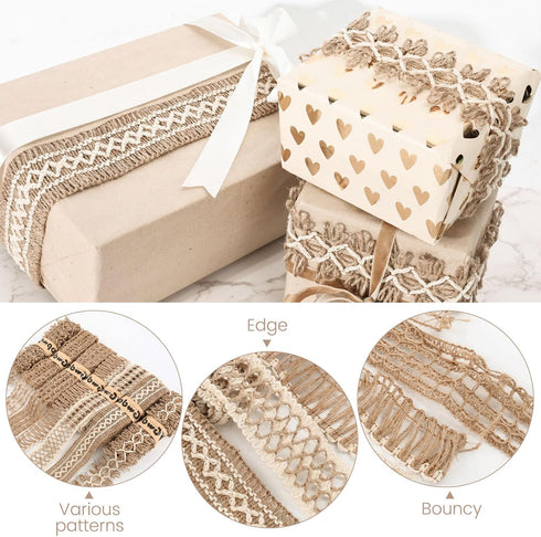 VGOODALL 7 Rolls Burlap Ribbon, Natural Jute Ribbons Lace Mesh Wedding Trim Decor, for DIY Wrapping Gifts Holiday Party Decorations...