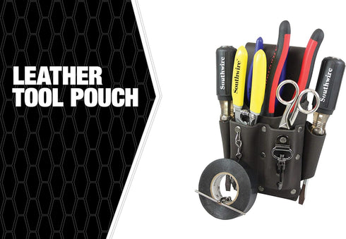 Southwire POUCH4 Leather Tool Pouch; 5 Pocket Pouch with Electrical Tape Chain; Fade Resistant; Durable Compartments; Washer Rivets; Includes Meta...
