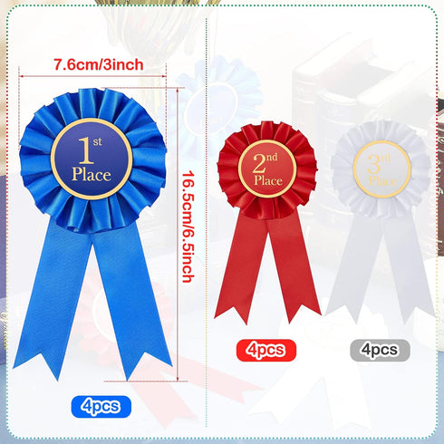 Award Ribbon Rosette Set Satin Participation Ribbon Honorable Ribbon Badge Blue Red and White Prize Ribbons 1st 2nd 3rd Place Medals for Classroom...