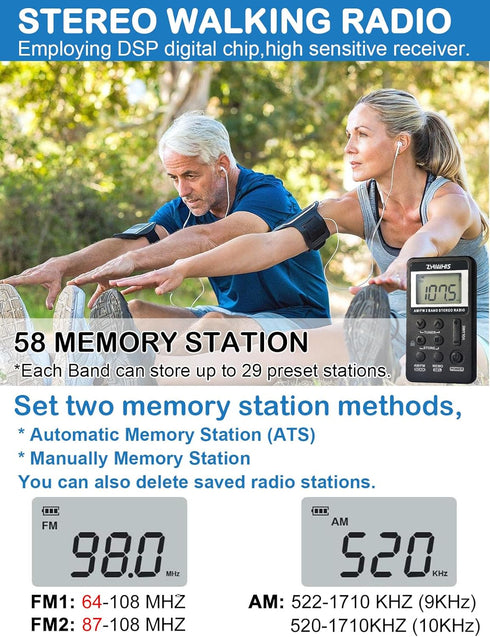 Portable Radio, ZHIWHIS AM FM Mini Transistor Rechargeable Battery Personal Digital Tuning Stereo Pocket Walkmen Radios with Shutdown Memory and E...