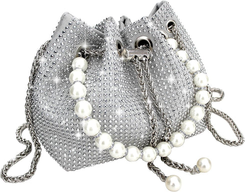 Evening Bucket Handbag for Women Sparkly Rhinestone Pearl Clutch Silver Purse for Party Club Wedding Cocktail Prom...