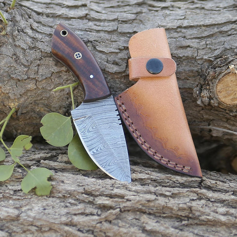 Hunting Knife with Leather Sheath 6-inches Full-tang Fixed Blade Tactical Handmade Damascus Knife, Ideal for Skinning, Outdoor Camping, Hiking, Hu...