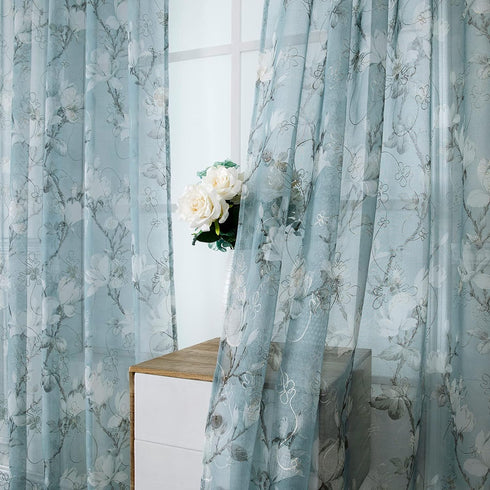 Tollpiz Floral Blue Sheer Curtains Flower Print Vine Embroidery Bedroom Curtain Rod Pocket Voile Window Curtains for Living Room, 54 x 63 inches L...