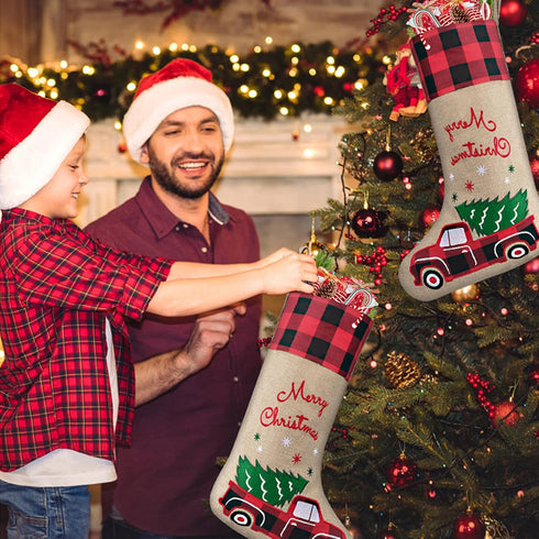 yuboo Burlap Christmas Stockings with Red Truck Xmas Decor 2 Pack, Buffalo Plaid Christmas Stockings 18-Inch Red Truck Christmas Ornaments Decorat...