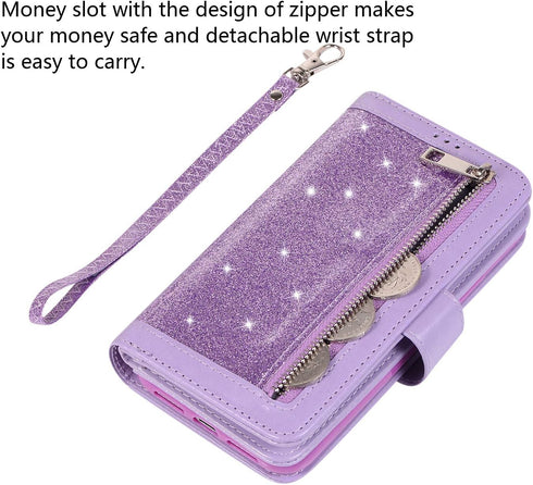 EYZUTAK Wallet Case Compatible with iPhone 12 Mini 5.4 inch 2020,Magnetic Handbag Zipper Pocket PU Leather Flip with 9 Card Slots and Wrist Strap ...