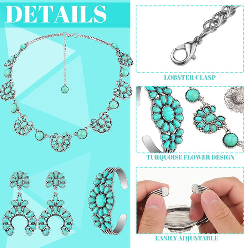 3 Pcs Turquoise Jewelry for Women Turquoise Jewelry Set Silver Bohemian Turquoise Jewelry Necklace Western Jewelry Vintage Turquoise Dangle Earrin...