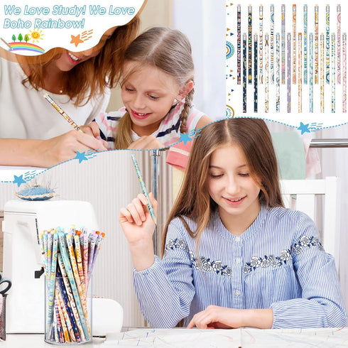 Funrous 60 Pieces Motivational Pencils Bulk Fun Pencils for Kids Students Boho Rainbow Inspirational Pencils with Sayings Welcome Back to School P...