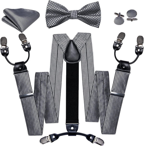 Barry.Wang Suspenders and Bow Tie Set for Men Solid Paisley Bowtie Y Shape Brace Handkerchief Cufflinks 6 Strong Clips...