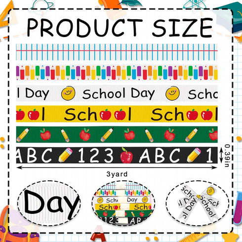 6 PCS Back to School Ribbons for Crafting, 3/8" Width Grosgrain Ribbon Yellow Green Ribbon Preschool Apples ABC Craft Ribbons for Kindergarten Dec...