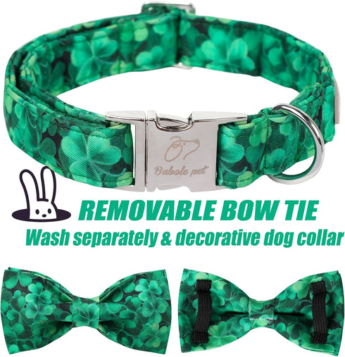 St.Patrick's Day Clover Dog Collars with Bow Tie,Green Abstract Clover Soft Cotton with Safety Metal Buckle Adjustable Puppy Collars for Small Boy...