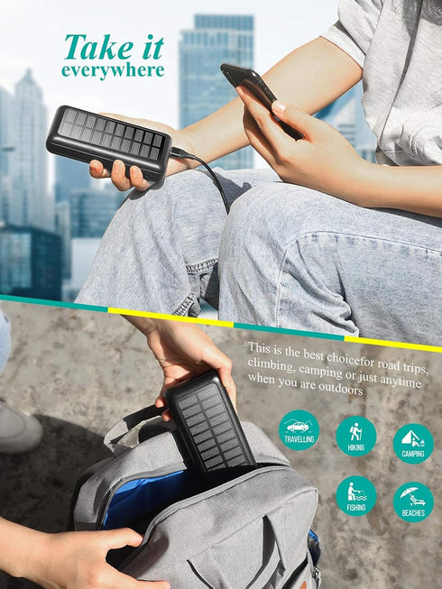 Solar Powered Power Bank - 30000mAh Portable Solar Charger, 2 USB Ports High-Speed Panel External Battery Packs Solar Portable Power Bank for iPho...