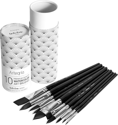 ARTEGRIA Watercolor Brush Set, 10 Professional Soft Synthetic Squirrel Paint Brushes, Including Pointed Rounds, Flats, Dagger, Oval Wash...