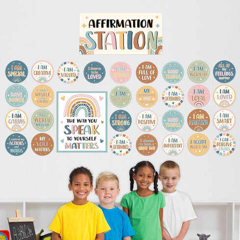 32 PCS BOHO Affirmation Station Bulletin Board Set Positive Posters for Classroom Growth Mindset Decorations Inspirational Motivational Accent Cut...