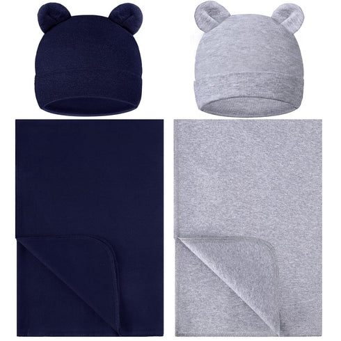 2 Sets Newborn Infant Swaddle Hat Infant Bear Ear Beanie Baby Receiving Blankets Newborn Swaddle Wrap Hospital Receiving Blankets for 0-6 Mouths U...