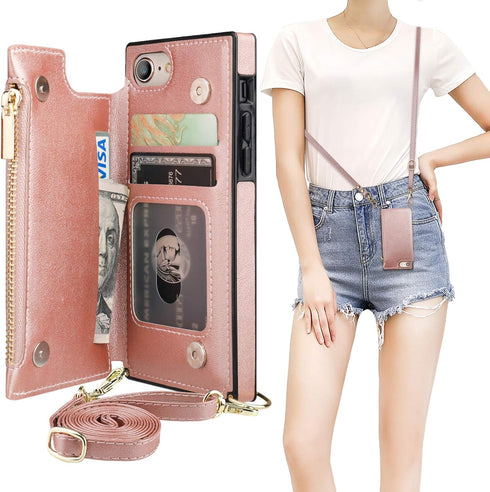Bocasal Crossbody Wallet Case for iPhone SE 2022/SE 2020/7/8 with Card Holder,Zipper Card Slot Protector Shockproof Purse Cover with Removable Cro...