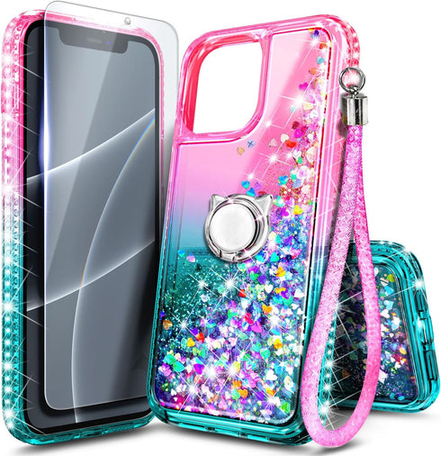 NGB Designed for iPhone 11 Pro-Max Case, Pink/Aqua | Glitter Liquid Sparkle Cute Cover for Women Girls Kids | with Tempered Glass Screen Protector...