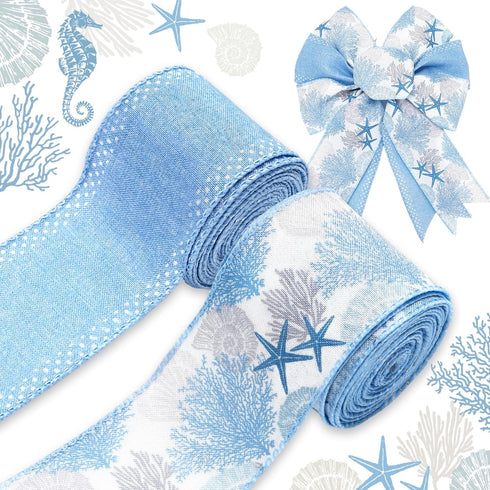 Blue Coral Starfish Wired Edge Ribbon Ocean Sea Craft Ribbon Summer Fabric Ribbon for Wreath Bow Making DIY Crafts Wrapping Party Decor, 2 Rolls, ...