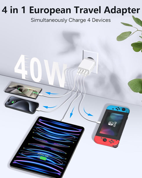European Travel Plug Adapter, 40W 4-Port USB C Wall Charger Type C Fast Charging Block International Power Adapter US to Europe EU for iPhone 15 1...