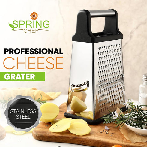 Spring Chef Professional Cheese Grater - Stainless Steel, XL Size, 4 Sides - Perfect Box Grater for Parmesan Cheese, Vegetables, Ginger - Dishwash...