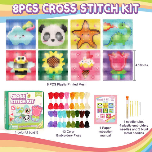 Caydo 8-in-1 Cross Stitch Kit for Beginners Kids, Includes 8 PCS Plastic Canvas with Pre-Patterns, 13 Colors Threads, Instructions, Embroidery Nee...