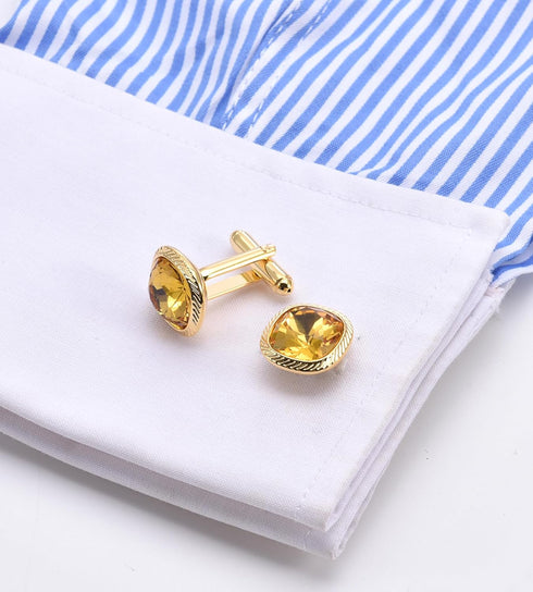 Yellow Zircon Gemstone Cufflinks for Men Lady In Gift Case 14K Gold Plated Square Men's Cufflinks Jewelry Set for Wedding Anniversary Business Par...
