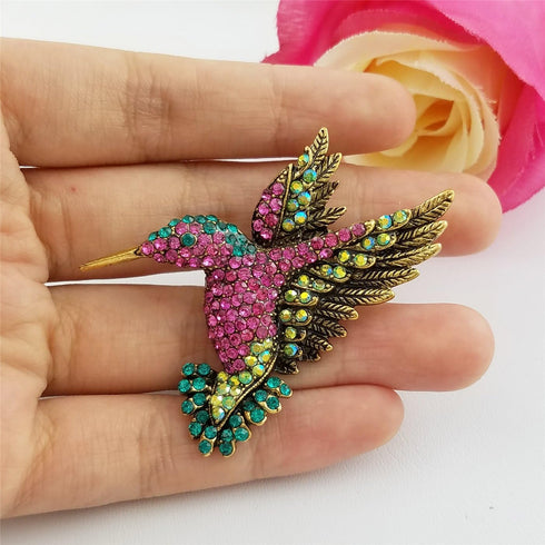 SELOVO Antique Gold Tone Bird Hummingbird Multi Color Austrian Crystal Pin Brooch...