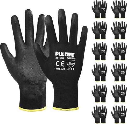 DULFINE Ultra-Thin PU Coated Work Gloves-12 Pairs,Excellent Grip,Nylon Shell Black Polyurethane Coated Safety Work Gloves, Knit Wrist Cuff,Ideal f...