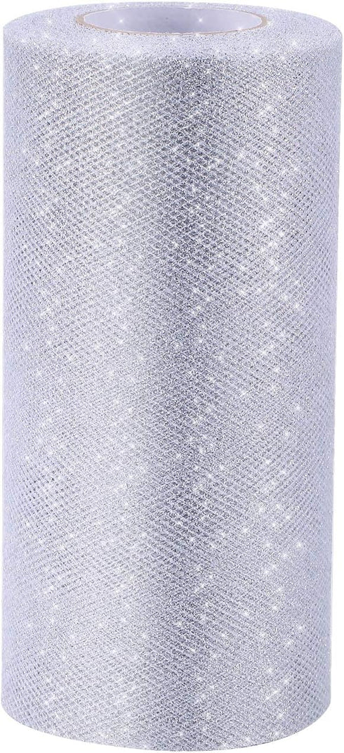 Glitter Tulle Roll Sparkling Tulle Ribbon Fabric Spool for Wedding Decoration Gift Wrapping, 6 Inch by 25 Yards (Silver)...