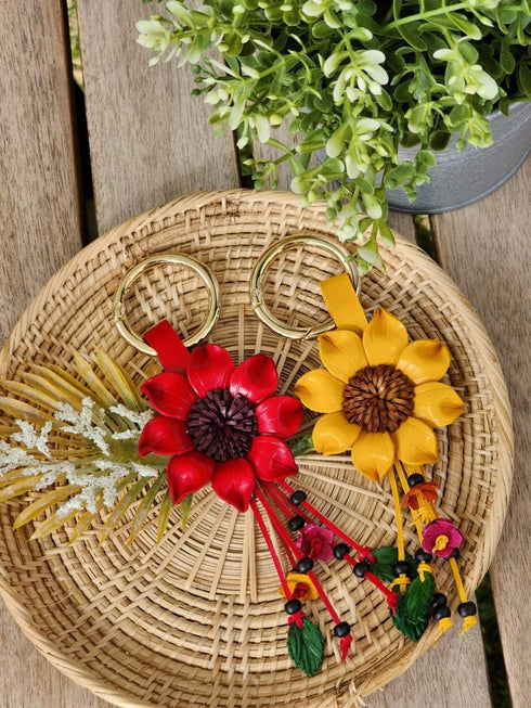 Leather Flower Keychain Purse Tassels Charms Women Handbags Designer Bag Accessories Keyring Decor Yellow Flower 7" Long...