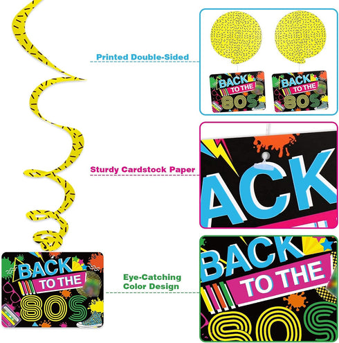 Bessmoso 28PCS 80s Party Decorations – Retro Hanging Swirls & Ceiling Streamers for 1980s Throwback Birthday, Neon Back to The 80’s Party Supplies...
