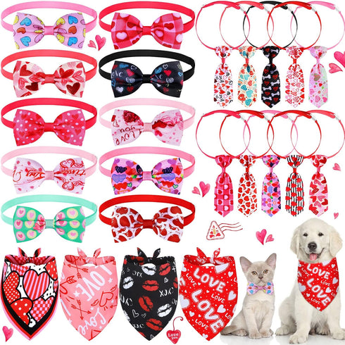 24 Pcs Valentine's Day Dog Bow Set includes 10 Pcs 4th of July Dog Bow Ties and 10 Pcs Dog Neckties, 4 Dog Bandana with Adjustable Pet Grooming Ac...