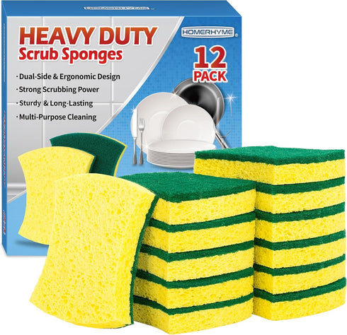 Heavy Duty Sponges, 12 Pack Cellulose Scrub Sponge, Dual-Sided Kitchen Sponge, Multipurpose Sturdy Ergonomic Design Sponge for Kitchen Dishwashing...