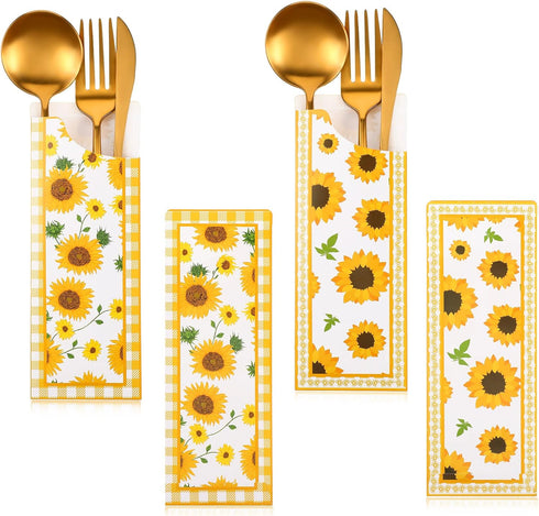 100 Pieces Silverware Bags Sunflower Party Supplies Wedding Silverware Sleeves Sunflower Themed Utensil Holder Paper Silverware Bag Disposable Cut...