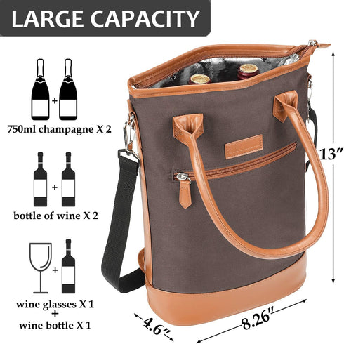 Tirrinia Insulated Wine Gift Carrier Tote - Travel Padded 2 Bottle Wine/Champagne Cooler Bag for Portable Wine Bottle Carrying Case, Women Men Eve...