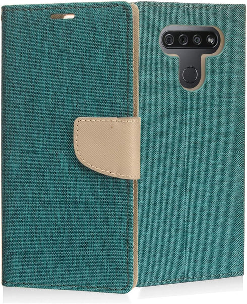 for LG K51, LG Reflect (LM-K500) - Denim Fabric Wallet Phone Case - CT5 Gray/Navy Blue...