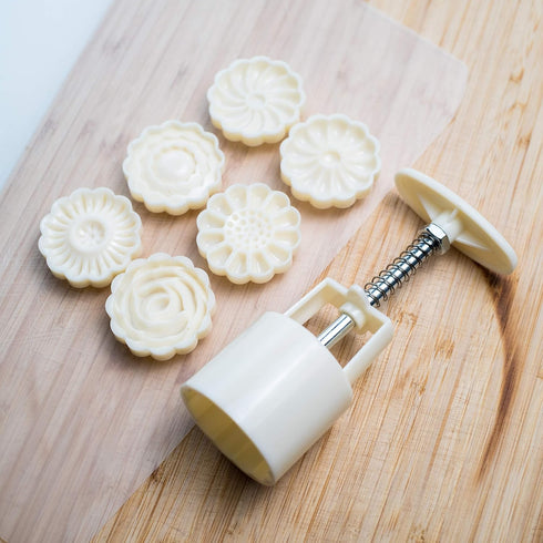Cookie Press Mid-Autumn Festival Hand-Pressure Moon Cake Mould with 6 Pcs Mode Pattern for 1 Sets - 50g Cookie Stamp Mooncake Mold Set - Cookie St...