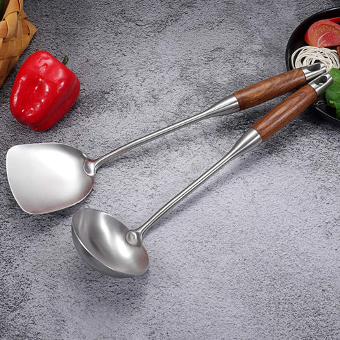 Wok Spatula & Ladle Tool Set, AOOSY 18/10 Stainless Steel Cooking Utensils, Wooden Handle Wok Utensils Soup Ladle 15 inches Set of 2...