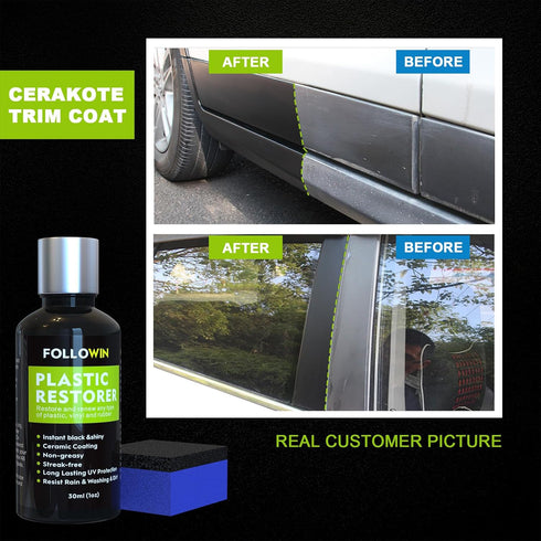 FOLLOWIN Plastic Restorer for Cars - Black Trim Restorer & Ceramic Coating, Resists Water, UV Rays, Dirt, Not a Dressing, Hydrophobic Protection, ...