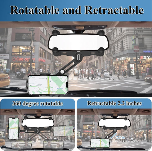 Phone Mount for Car, Rear View Mirror Phone Holder, Rotatable and Retractable Phone Holder for Car Compatible with iPhone Samsung All 4-7 Inch Cel...