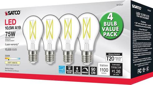 Satco S12437 A19 LED 4-Bulb Value Pack, 75W Replacement, 3000K, Clear...