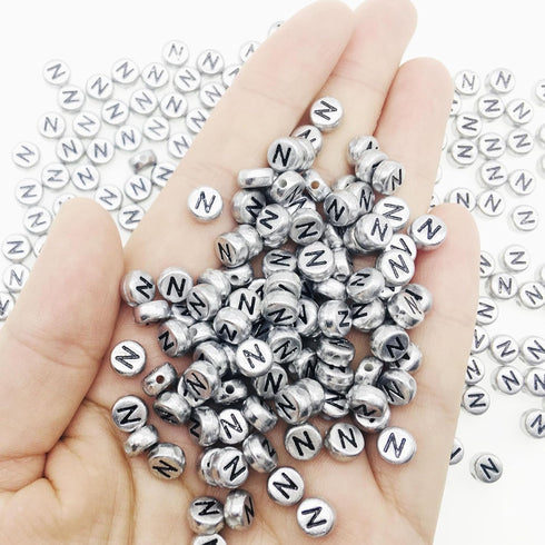 200Pcs Round Ancient Silver Letter N Beads,4x7mm Flat Letter-N Beads for Bracelets,Alphabet Beads for Jewelry Making DIY Necklaces Crafts Supply(S...