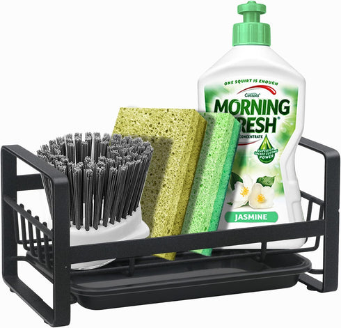Kitchen Sponge Holder for Sink, Kitchen Sink Caddy Organizer, Sink Tray Drainer Rack, Dish Rags Brush Soap Storage Countertop with Removable Front...