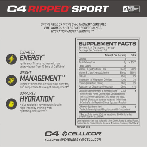 C4 Ripped Sport Pre Workout Powder Arctic Snow Cone - NSF Certified for Sport + Sugar Free Preworkout Energy Supplement for Men & Women - 135mg Ca...