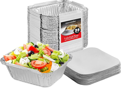 Stock Your Home 1 Lb Aluminum Disposable Cookware With Lids (25 Pack) - Foil Pans Cardboard Lids - Disposable & Recyclable Takeout Trays With Lids...