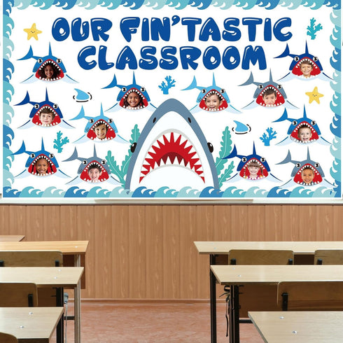 Shark Bulletin Board Kit Under The Sea Classroom Decorations Back to School DIY Photo Bulletin Board Set Ocean Theme Shark Paper Cutouts Decor for...